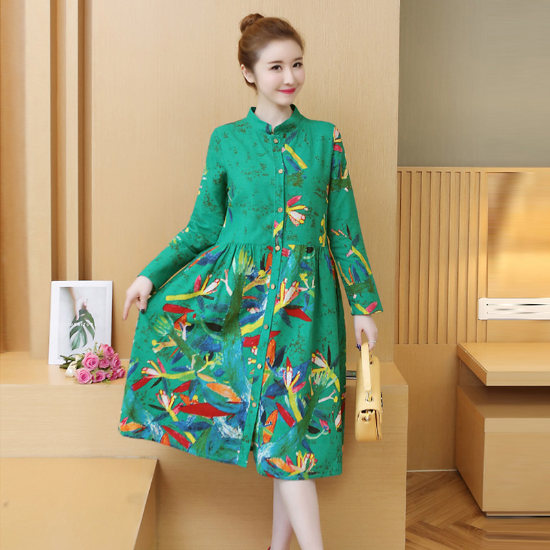 大码女装春秋碎花棉麻复古连衣裙 媚娇兰大码女装