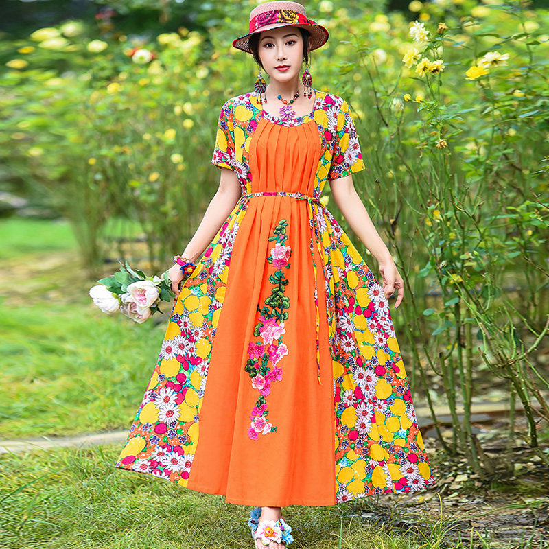 中国民族风宽松大码碎花色连衣裙 媚娇兰大码女装