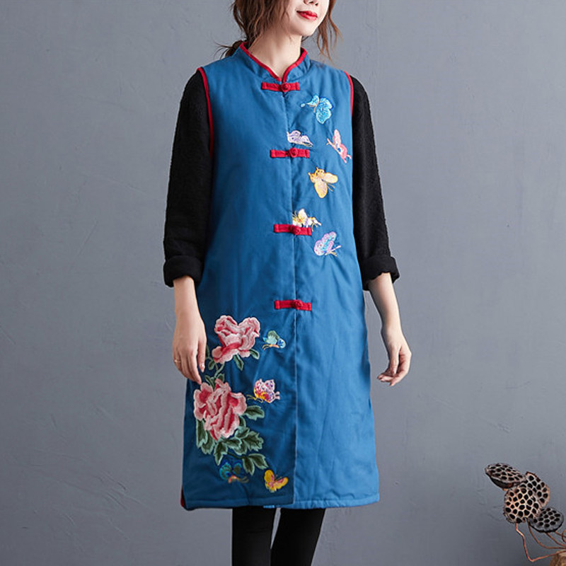 民族风中长款秋冬新款棉麻刺绣马甲 媚娇兰大码女装