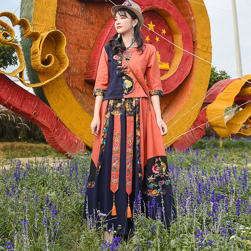 中国风连衣裙夏棉麻复古半身裙子 媚娇兰大码女装