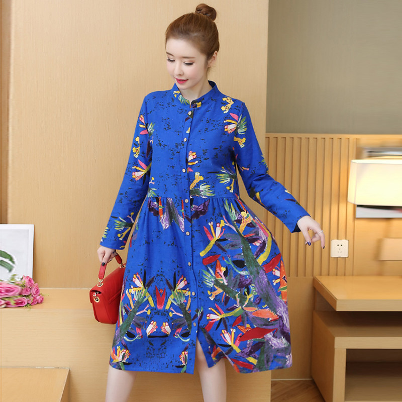 大码女装春秋碎花棉麻复古连衣裙 媚娇兰大码女装