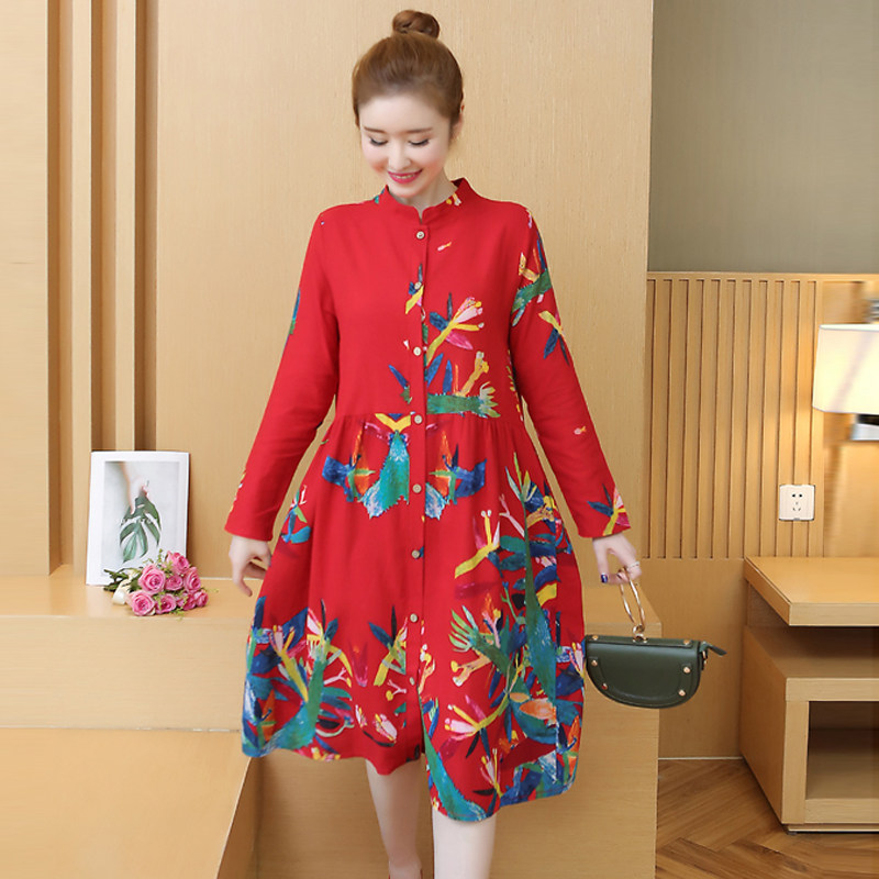 大码女装春秋碎花棉麻复古连衣裙 媚娇兰大码女装