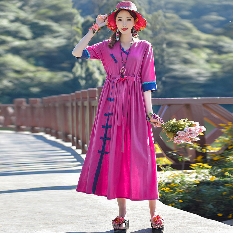 民族风连衣裙春夏季新款棉麻裙子 媚娇兰大码女装