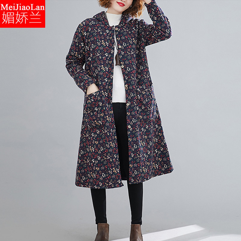 大码女装冬新款民族风棉麻中长款 媚娇兰大码女装