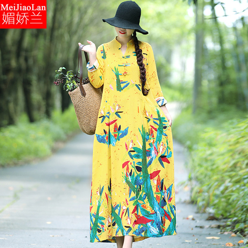 大码女装复古棉麻碎花春秋冬连衣裙 媚娇兰大码女装