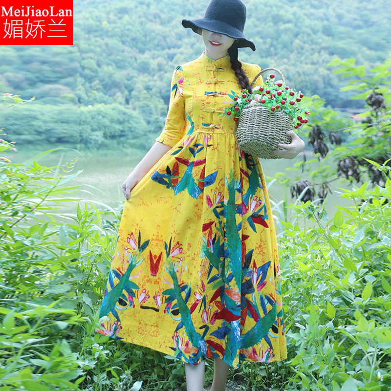 碎花棉麻复古大摆裙春夏秋连衣裙 媚娇兰大码女装