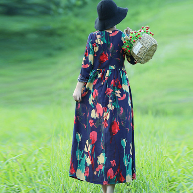 秋冬胖mm v领棉麻长袖过膝连衣裙 媚娇兰大码女装