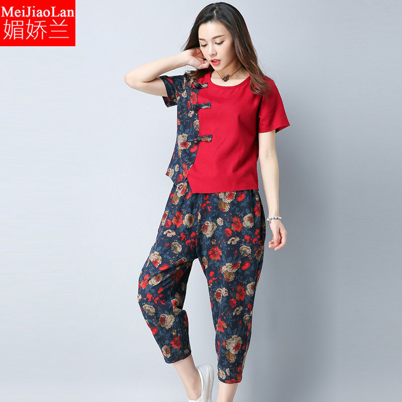 夏装微胖mm民族风短袖t恤女阔腿裤 媚娇兰大码女装
