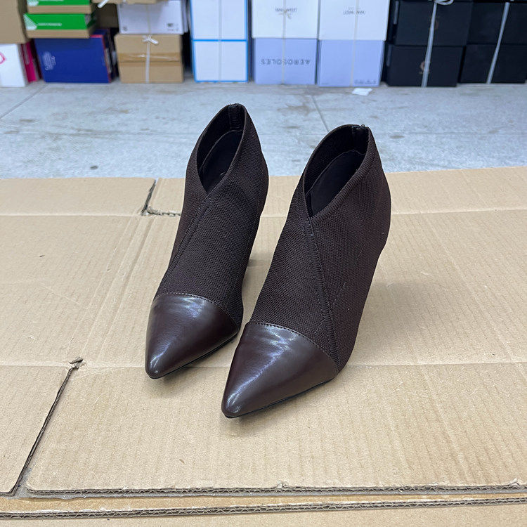 外贸原单女鞋时尚shoes尖头纯色拼接细高跟针织裸靴一脚蹬单鞋,淘宝优惠券,粉丝福利购,淘宝优惠卷
