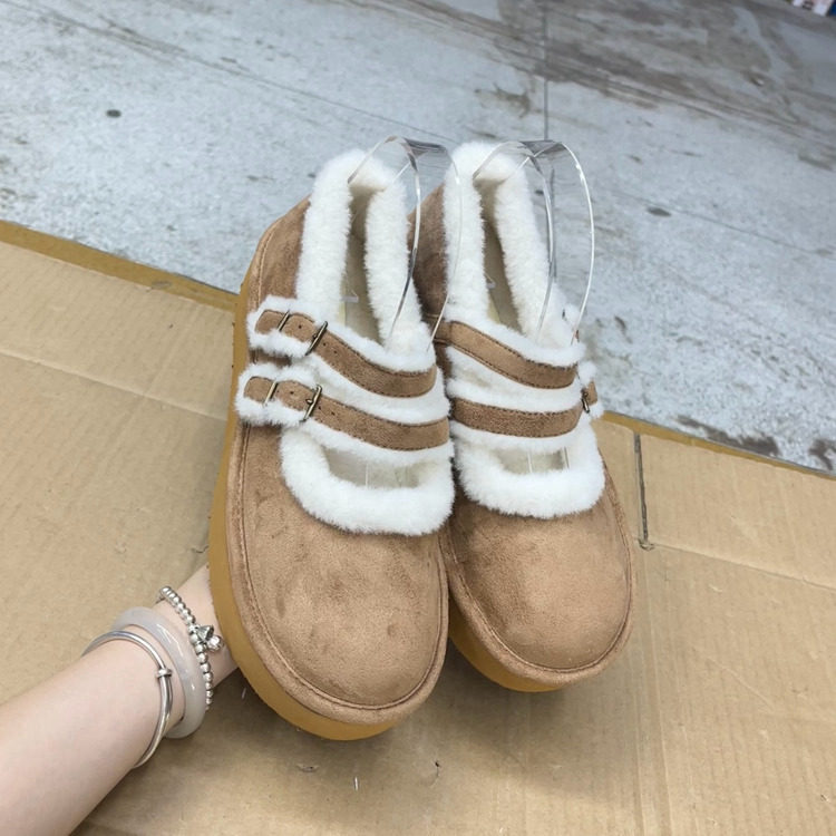 外贸原单女鞋新款时尚休闲圆头厚底毛毛单鞋舒适加绒松糕底博肯鞋,淘宝优惠券,粉丝福利购,淘宝优惠卷