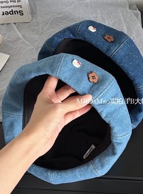 日系甜美可爱猫咪纽扣牛仔贝雷帽