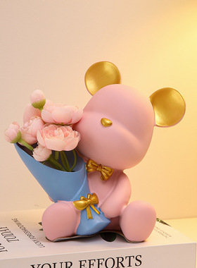 北欧创意捧花暴力熊玄关客厅摆件家居电视柜桌面装饰乔迁新居礼品