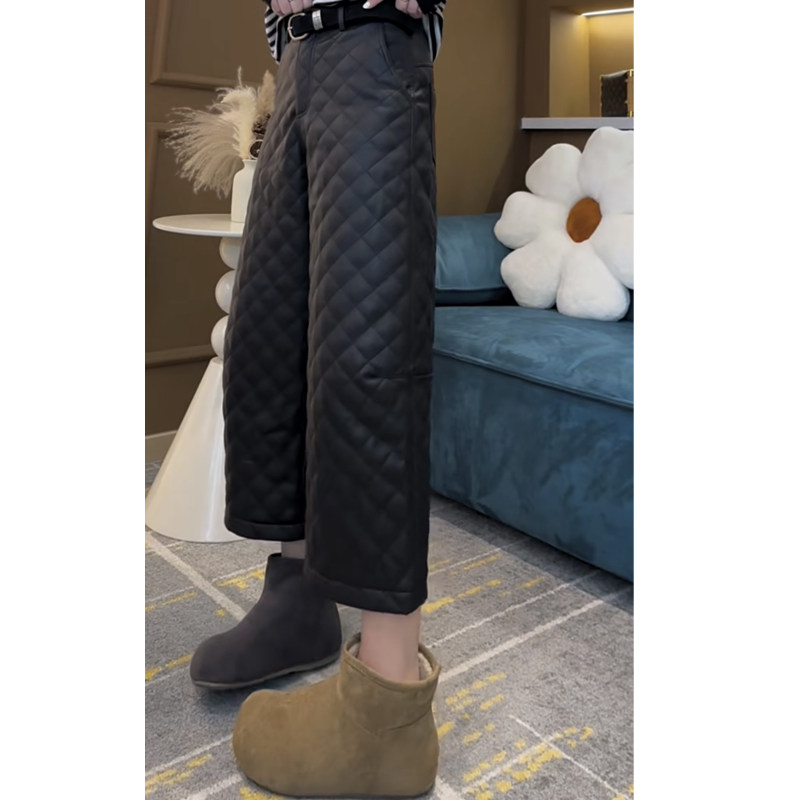 欧货秋冬菱格纹PU皮阔腿裤女通勤简约风宽松显瘦百搭九分直筒裤子,淘宝优惠券,粉丝福利购,淘宝优惠卷