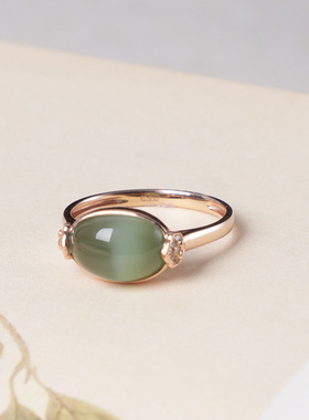 珪宝和田玉碧玉猫眼戒指18K金镶