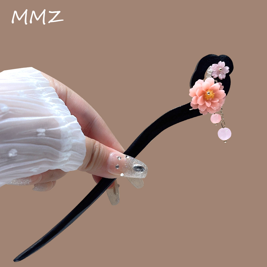 牡丹花流苏木质发簪女新款简约古风手工盘发簪子步摇国风汉服发钗