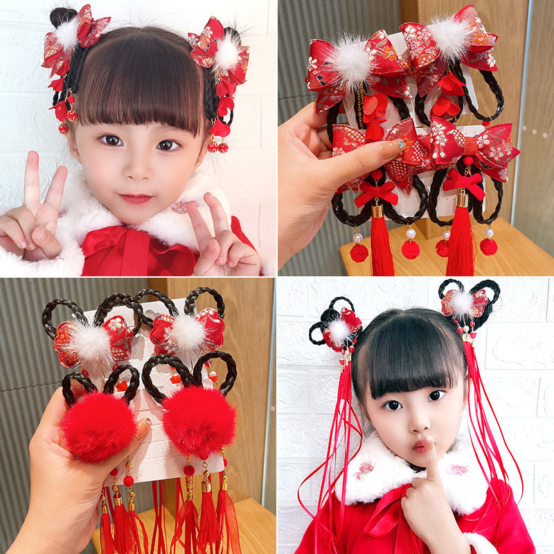儿童过年汉服头饰女发夹中国风宝宝红色拜年头花古风女童新年发饰
