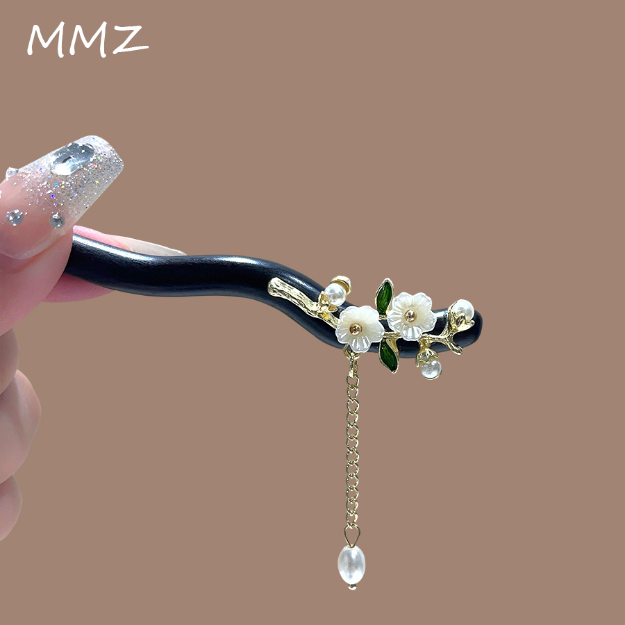 古风花朵檀木发簪女丸子头后脑勺盘发木质簪子新中式旗袍汉服发钗