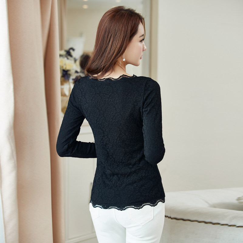 黑色蕾丝长袖2021秋装新款打底衫 创色蕾丝衫/雪纺衫