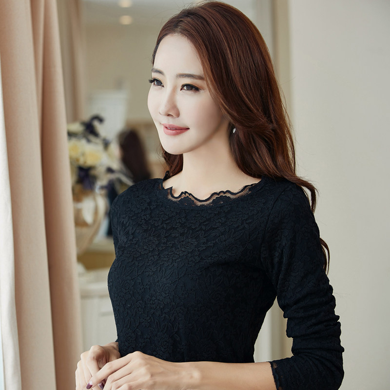 黑色蕾丝长袖2021秋装新款打底衫 创色蕾丝衫/雪纺衫