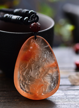 兔毛财神吊坠红水晶手工雕刻项坠