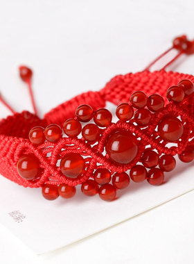 宽版玛瑙手工编织红绳手链女饰品