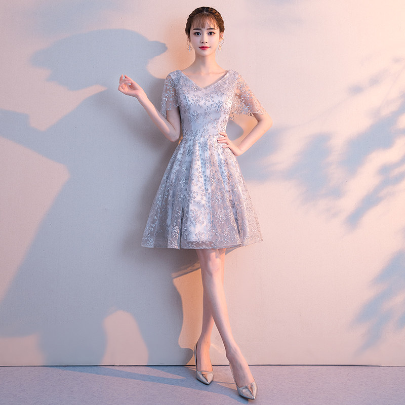 灰色女宴会甜美气质短款名媛晚礼服 缇姿婚纱礼服/晚装
