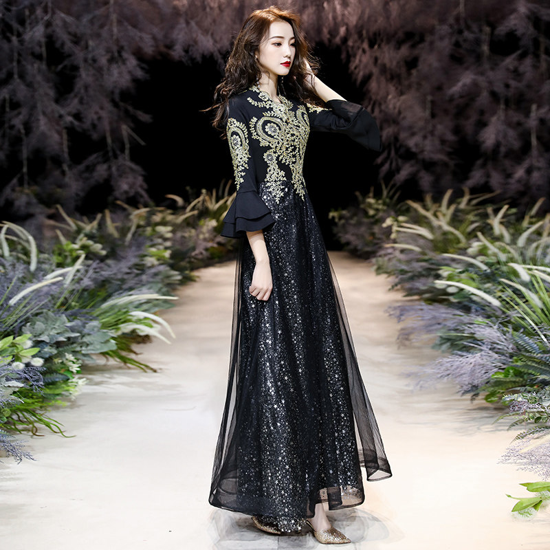 黑色晚礼服女新款2022爆款长袖裙 缇姿婚纱礼服/晚装