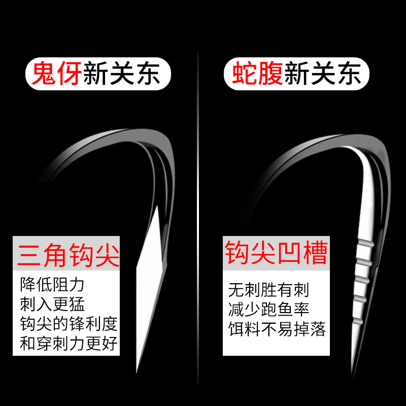 日本进口蛇腹新关东鱼钩正品散装鬼牙鱼钓鱼钩无倒刺黑坑鲤鱼钩子 - 图0