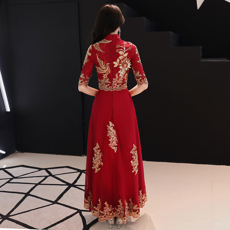 新娘2020新款秋季长袖酒红色裙旗袍 歌绒礼服/晚装