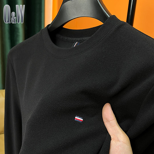 磨毛双面绒纯白色打底衫男长袖t恤秋冬季修身卫衣男圆领德绒保暖