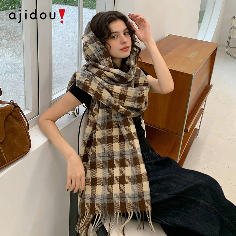 AJIDOU阿吉豆围巾女冬季保暖加厚毛绒千鸟格围脖女披肩新年战袍,淘宝优惠券,粉丝福利购,淘宝优惠卷
