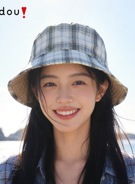阿吉豆帽子女灰色格纹遮阳渔夫帽