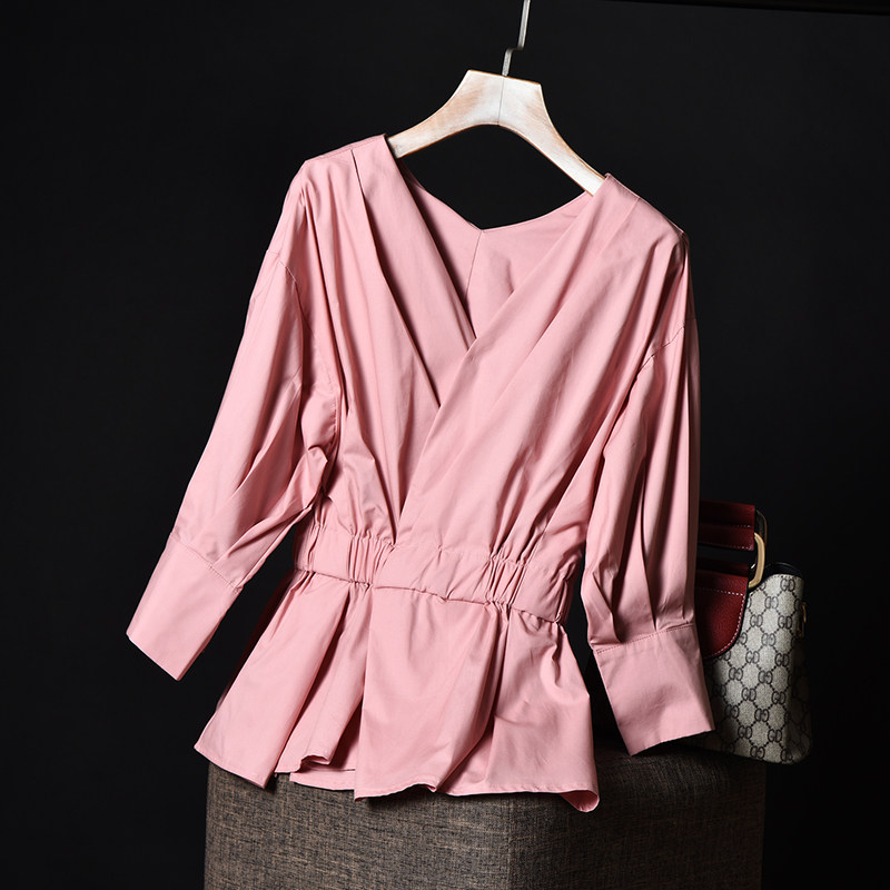 白色中袖v领女七分袖百搭网红衬衫 水鹭服饰衬衫