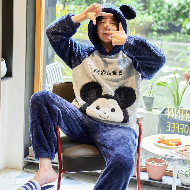 男秋冬季连帽可爱青年珊瑚绒睡衣 仙罗兰服饰睡衣/家居服套装