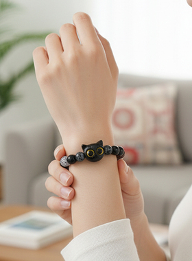 奶酪黑芝麻小猫咪黑猫手串女中古风星星黑白调可爱ins情侣手链J