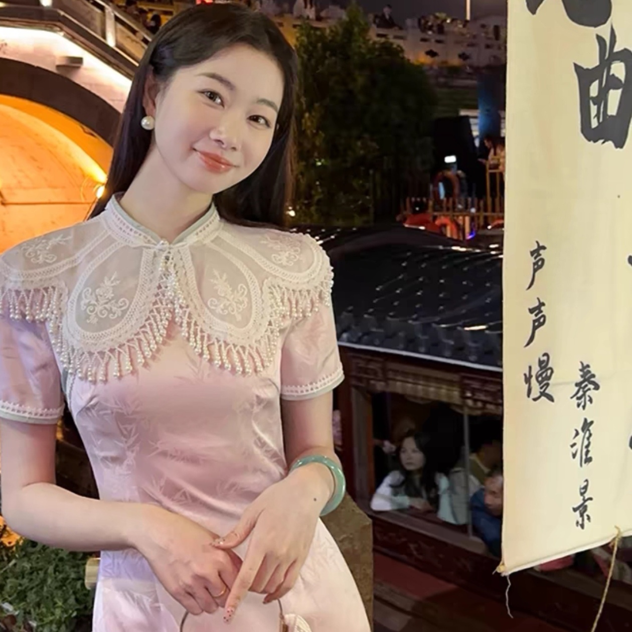 卿本佳人蕾丝米珠流苏云肩搭配汉服旗袍裙子珍珠流苏披肩舞台表演 - 图1