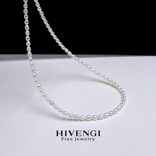 海梵纪 3mm米粒形珍珠项链诸暨极光淡水无核小米珠baby珠锁骨链 - 图0