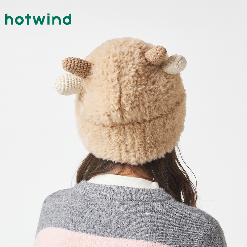 热风配件24冬新款女士绒绒小羊俏皮可爱帽子绒绒小羊厚毛线帽