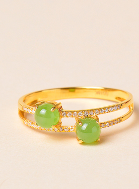 凤飞凰和田碧玉18K金戒指