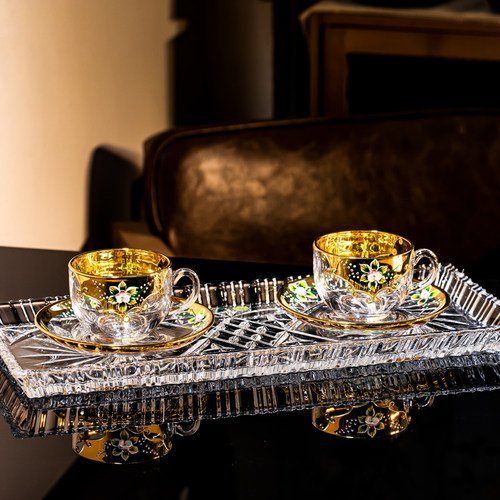 欧式奢华珐琅贴金水晶玻璃咖啡杯家用下午茶带碟杯复古玻璃红茶杯 - 图3