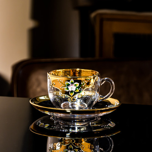 欧式奢华珐琅贴金水晶玻璃咖啡杯家用下午茶带碟杯复古玻璃红茶杯 - 图2