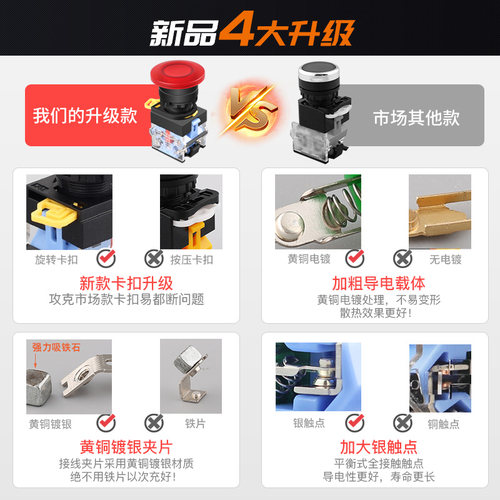 22MM 蘑菇头自锁复位启动停止按钮开关 LA38-11 防水防尘带灯220V - 图3
