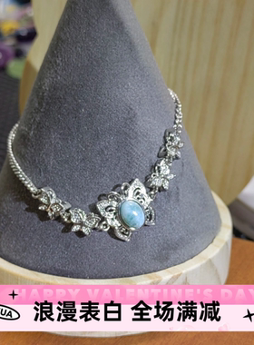 95半银饰蝴蝶造型镶嵌天然拉利玛海纹石手链日韩款简约时尚潮流