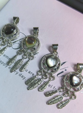 天然黑贝母爱心形补梦网吊坠款镀925银防过敏年底清仓