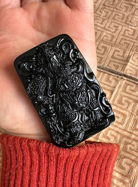 横刀立马关公挂件天然黑曜石项链玉石大刀武财神玉佩吊坠送证书