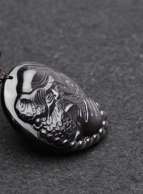 达摩天然黑曜石挂件玉佩证书吊坠