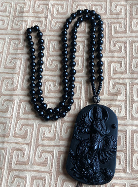 嫣芝美玉男士黑曜石观音项链玉佩