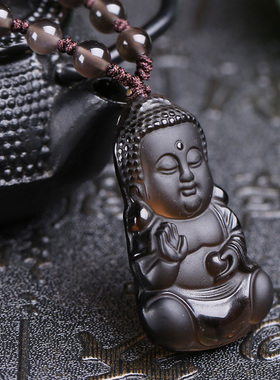 天然黑曜石冰种玉佩证书宝宝佛