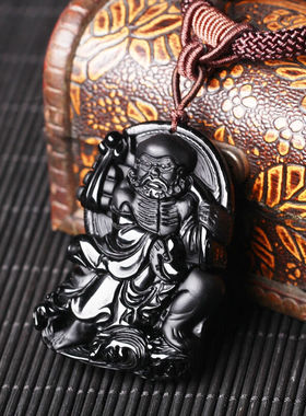 达摩天然黑曜石玉佩挂件证书吊坠