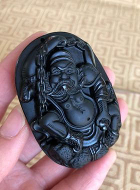 天然黑曜石钟馗捉鬼玉佩项链男女馗挂件玉石吊坠送证书